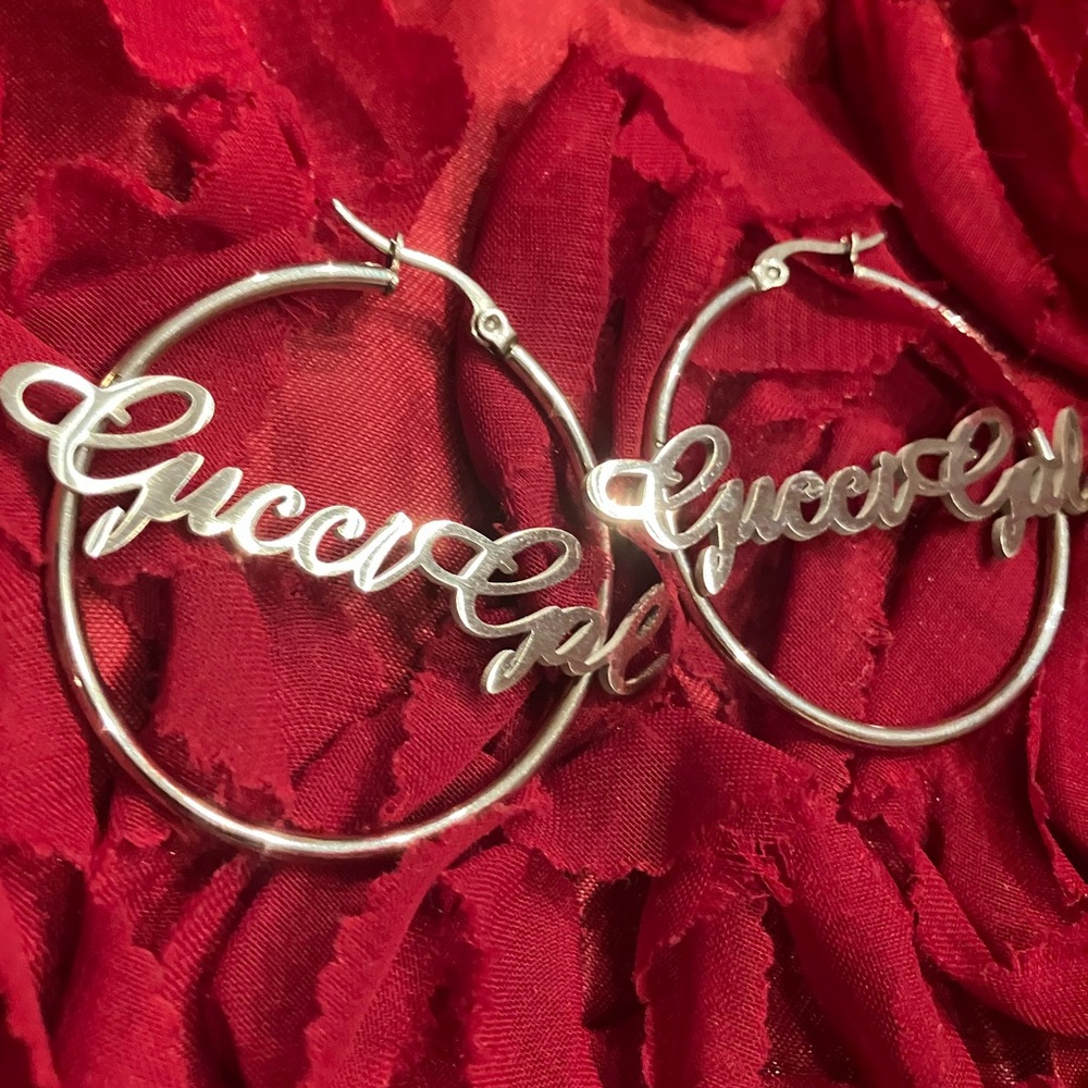 GucciGal Custom Made Silver Script Hoop Earrings - Picture 4 of 6
